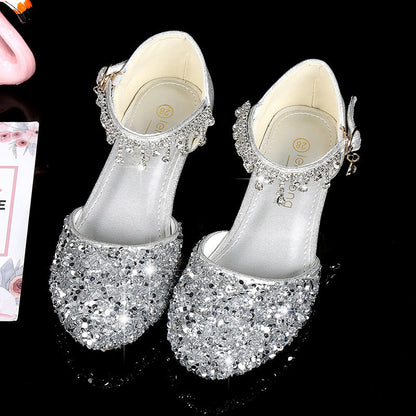 Sparkling Sequined Block Round Toe Buckle Girl's Shoes with Rhinestone