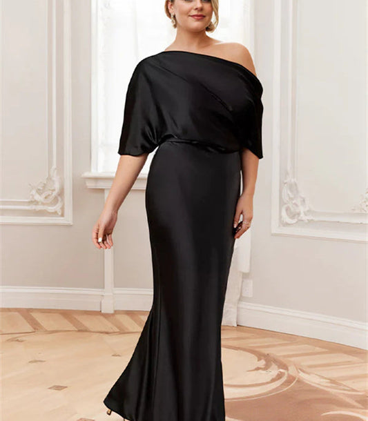 Sheath/Column One-Shoulder Half Sleeves Floor-Length Plus Size Mother of the Bride Dresses