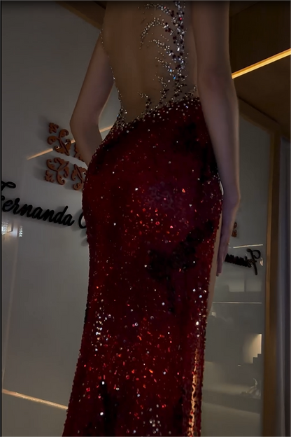 edgynewlook Stunning Red Sequins Strapless Sleeveless Long Split Prom Dress with Beadings