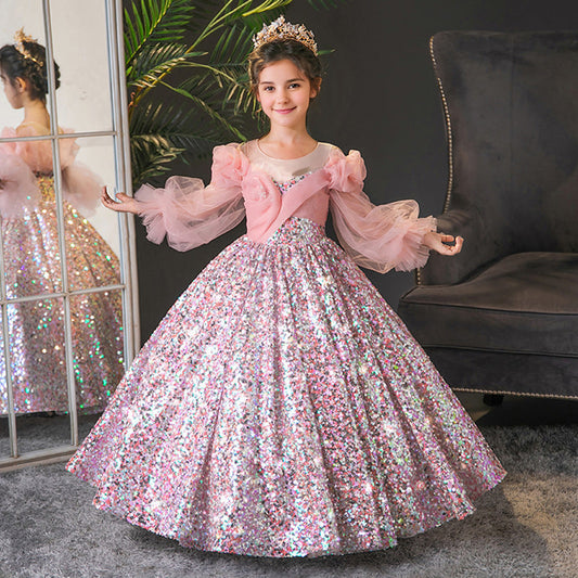 Long Sleeves Ball Gown Round Neck Flower Girl Party Dress with Ruffles