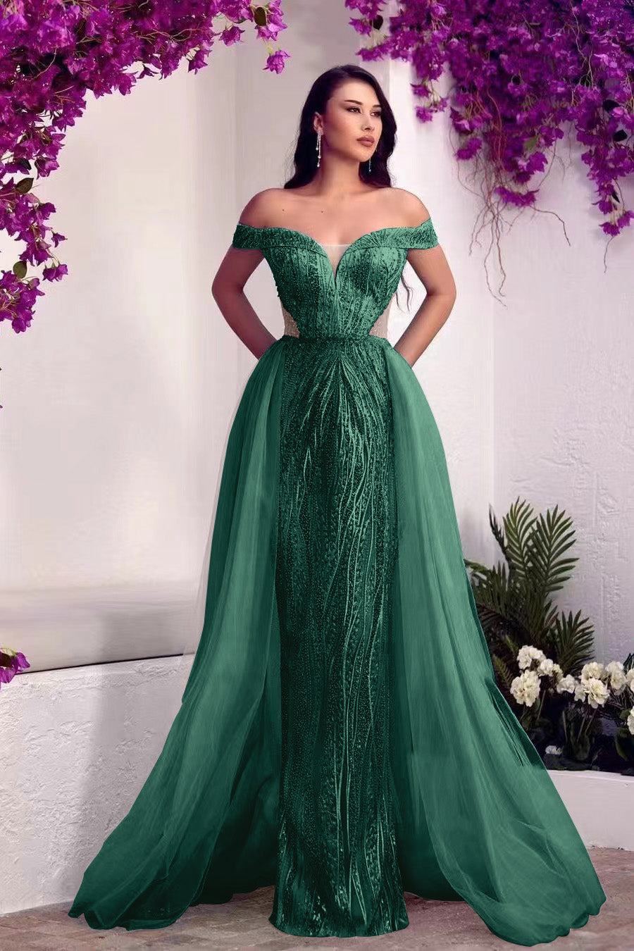 Glamorous Off-The-Shoulder Sweetheart Tulle Prom Dress Overskirt With Sequins Beads ED0386