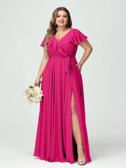 A-Line/Princess V-Neck Short Sleeves Chiffon Plus Size Bridesmaid Dresses With Pockets,Ruffles  ,Ruched & Split Side