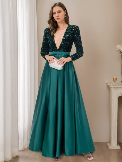 A-Line/Princess V-Neck Long Sleeves Floor-Length Evening Dresses with High Split