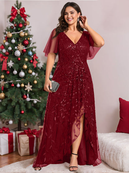 A-Line/Princess V-Neck Short Sleeves Asymmetrical Plus Size Mother Of The Bride Dresses with Sequins