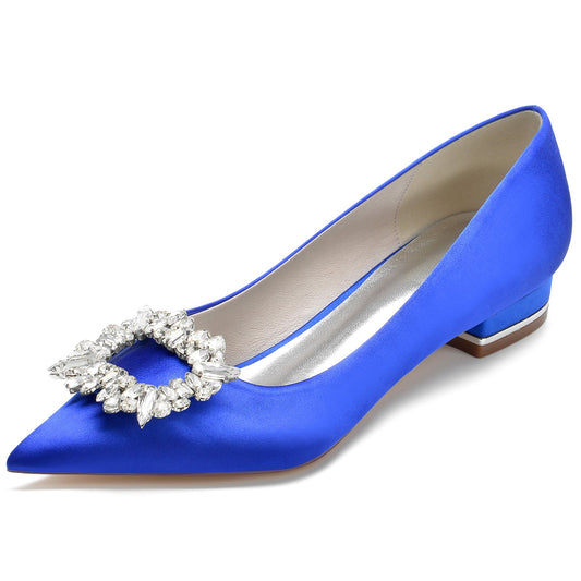 Women's Wedding Shoes Silk Satin Square Rhinestone Low Pointed Toe Bridal Shoes