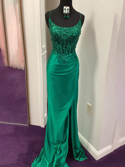 Dallas | Green Sheer Appliques Satin Mermaid Long Prom Dress