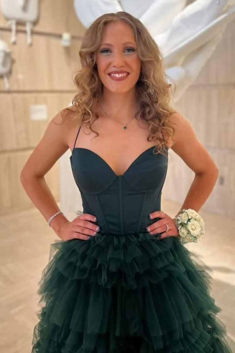 Dark Green Sweetheart Ruffle Tiered Tulle Long Prom Dresses with Slit