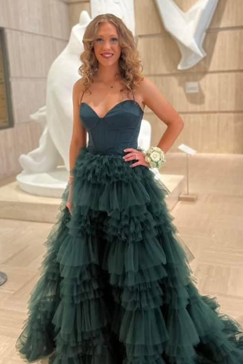 Dark Green Sweetheart Ruffle Tiered Tulle Long Prom Dresses with Slit