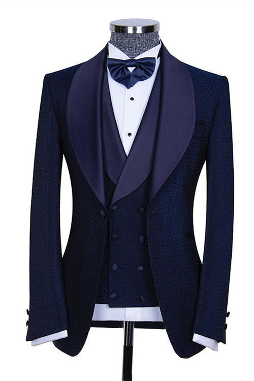 Dark Navy Shawl Lapel Three Pieces Slim Fit Wedding Suits for Men