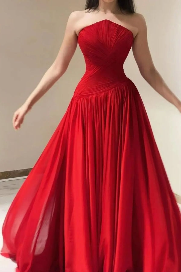 Red Chiffon Strapless Split Prom Dress ZT0508