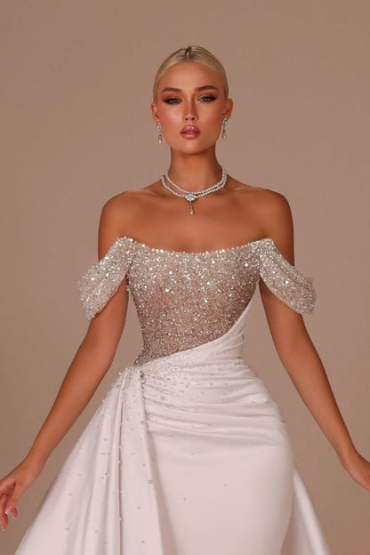 edgynewlook White Off-the-Shoulder Sequins Long Prom Dress Sleeveless with Beads