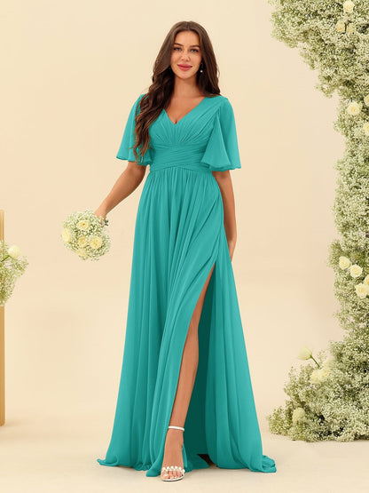 A-Line/Princess V-Neck Half Sleeves Chiffon Bridesmaid Dresses With Pockets & Split Side