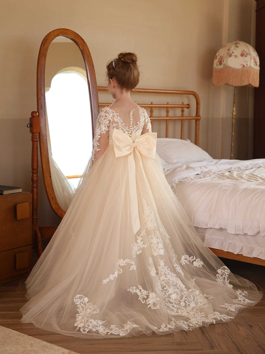 Ball-Gown Tulle Scoop Long Sleeves Floor-Length Flower Girl Dresses With Lace