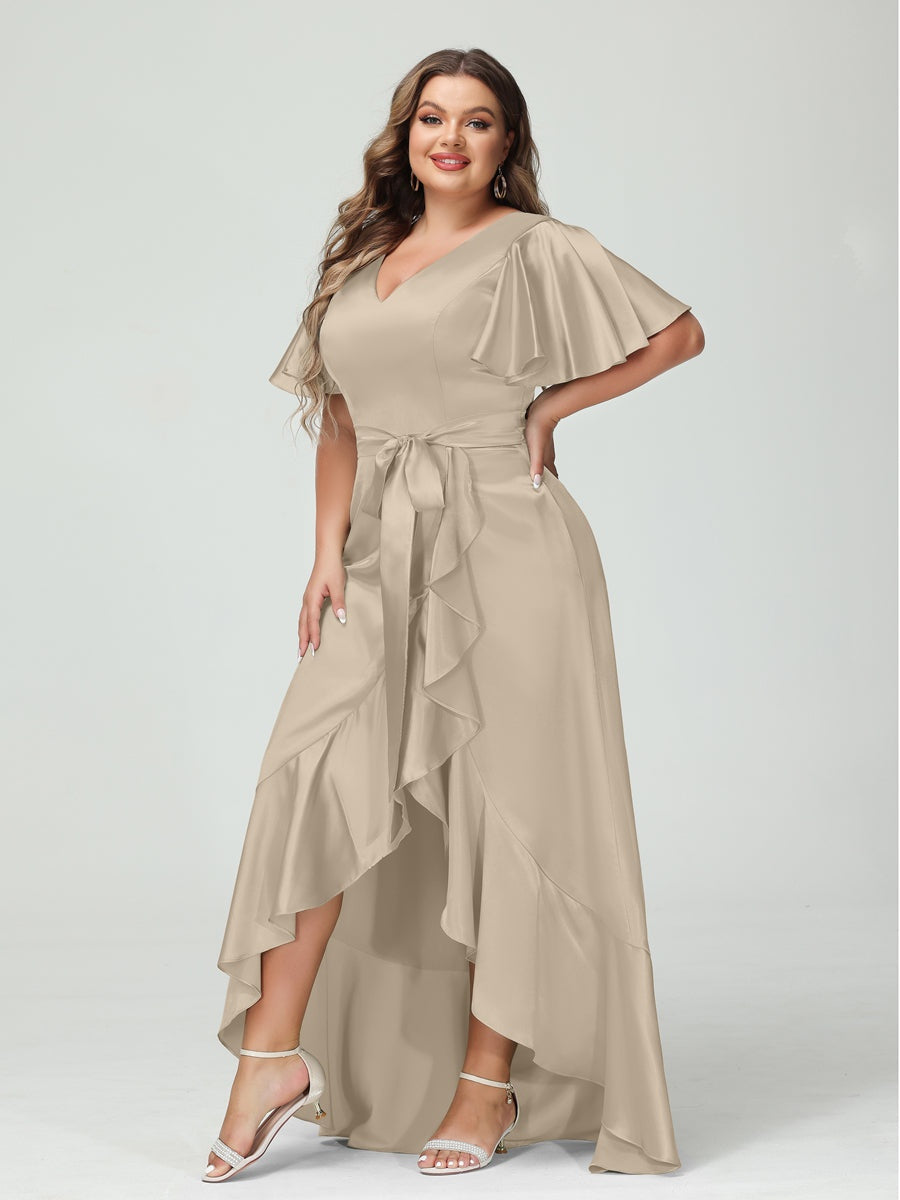 Sheath/Column V-Neck Short Sleeves Ruffles Asymmetrical Plus Size Dresses with Pockets & Sash