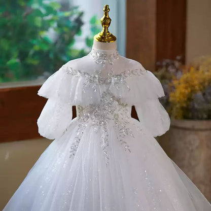 Half Sleeves High Neck A-Line/Princess Flower Girl Dress with Rhinestone Appliques