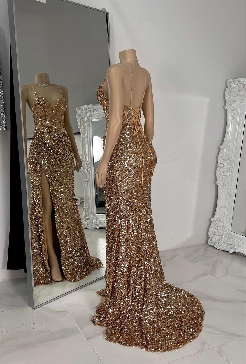 edgynewlook Exquisite Champagne Sequins Spaghetti Strap Sleeveless Prom Dress with Split