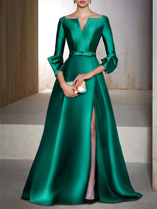 A-Line/Princess Floor-Length Long Sleeves V-Neck Evening Dresses