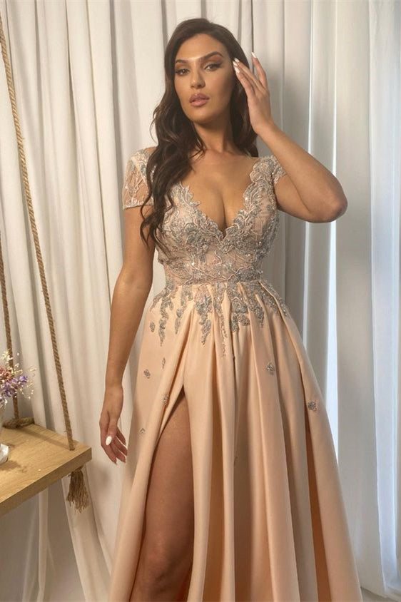 Champagne Lace V Neck Applique With Split Prom Dress ED0624