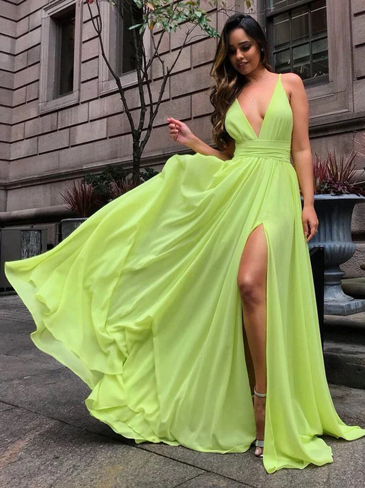 A-Line V-Neck Bright Yellow Chiffon Slip Summer Wedding Bridesmaid Dresses gh2440