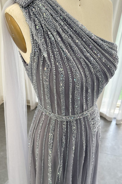 Edgynewlook Stunning Gray One Shoulder A Line Prom Dress Appliques With Ruffles