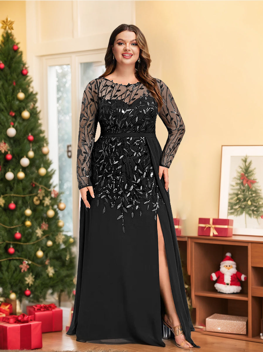 A-Line/Princess Scoop Long Sleeves Floor-Length Plus Size Mother of the Bride Dresses with Split Side, Ruffles & Sequins