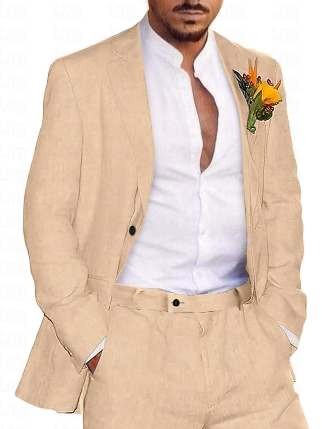 Men's Tailored Fit Single Breasted Two-buttons 2 Pieces Solid Colored Linen Suits