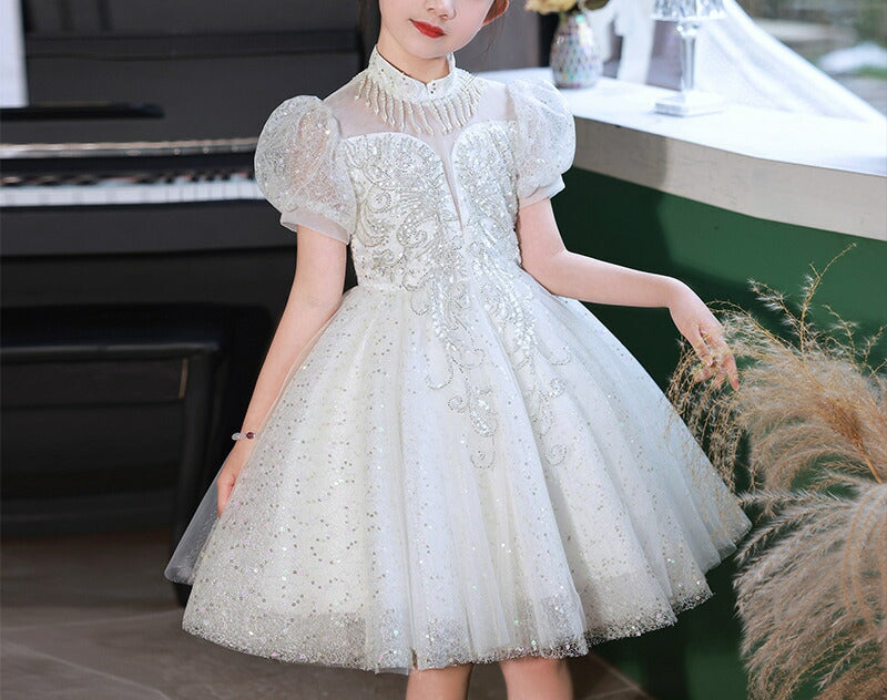 Short Sleeves Knee-Length Princess Flower Girl Lace Party Dress with Crystal Appliques