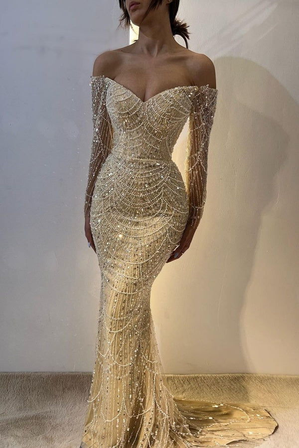 Champagne Luxurious Strapless Beaded Mermaid Prom Dress With Long Sleeves ZT0153