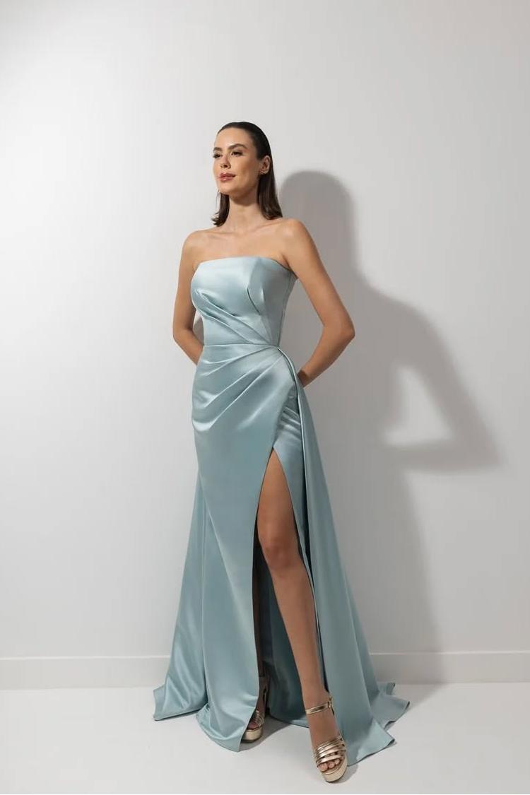 edgynewlook Simple Light Blue Satin Sleeveless Strapless Long Pleated Prom Dress with Split