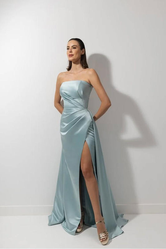 edgynewlook Simple Light Blue Satin Sleeveless Strapless Long Pleated Prom Dress with Split