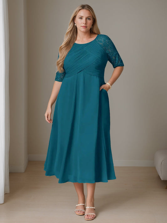 A-Line/Princess Round Neck Half Sleeves Tea-Length Plus Size Mother of the Bride Dresses with Ruffles