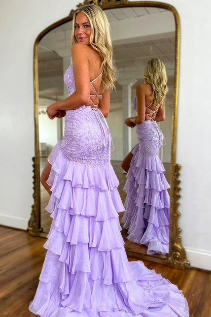 Light Purple Appliques Chiffon Ruffles Spaghetti-Straps Prom Dress ZT0480