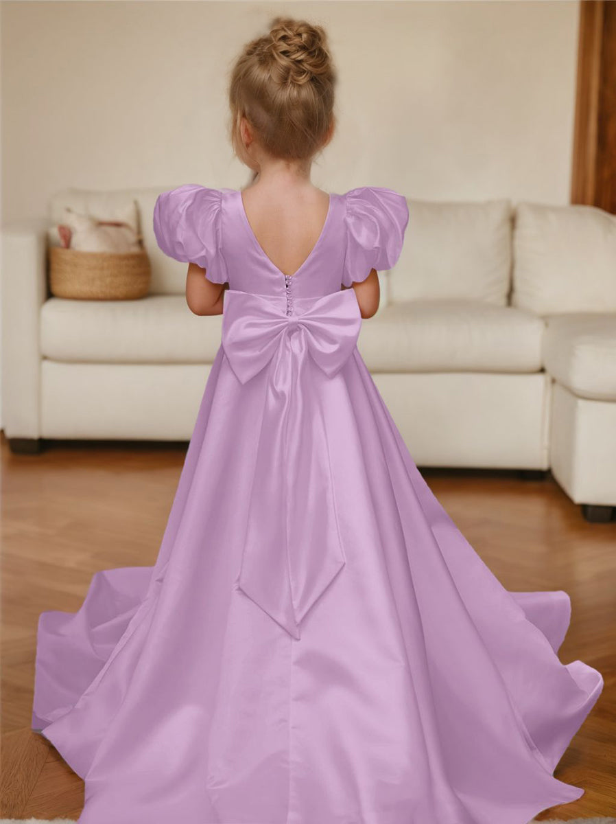 Puff Sleeve Bow Button Back Sweep Train Flower Girl Dress