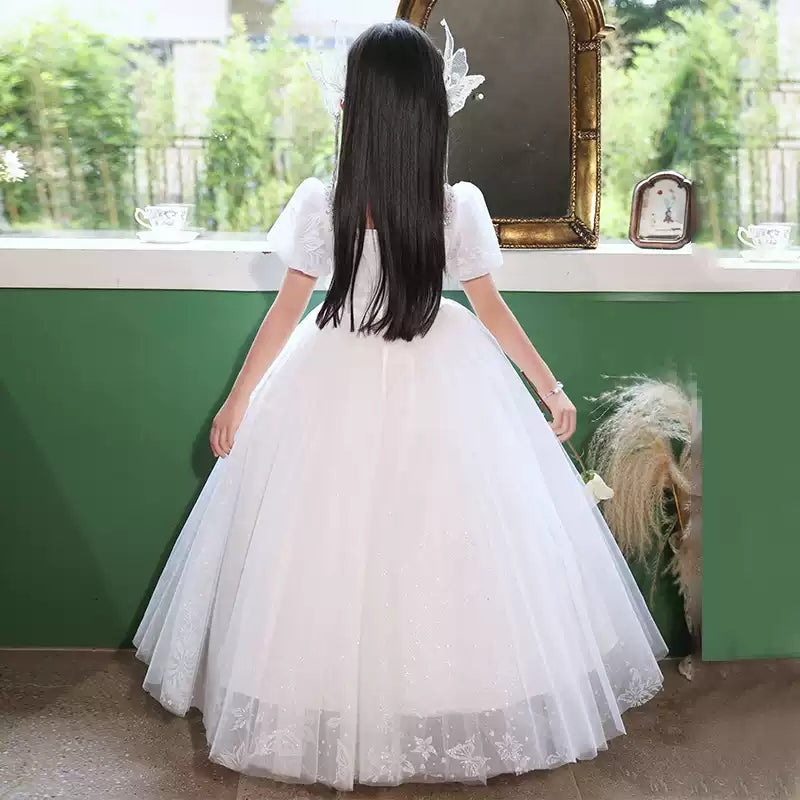 Ball Gown Square Neck Short Sleeves Flower Girl Dress with Rhinestone Appliques