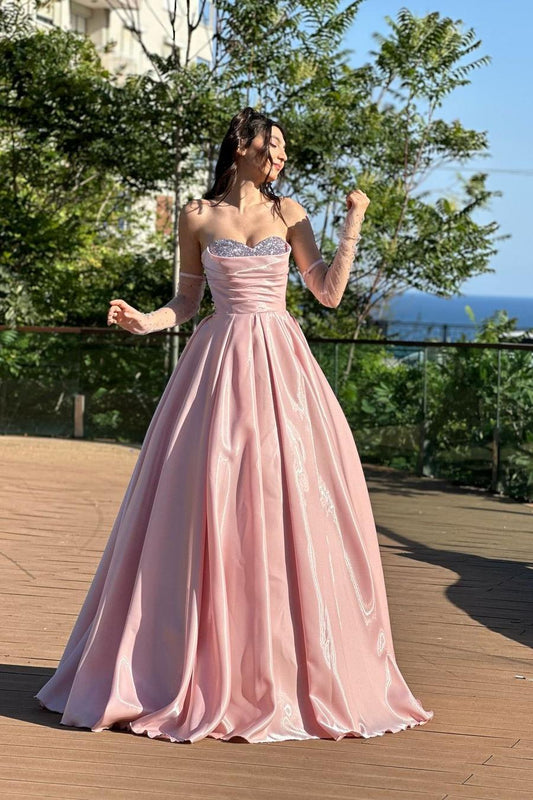 edgynewlook Stunning Pink Strapless Sleeveless Pleated Beadings Prom Dress with Gloves