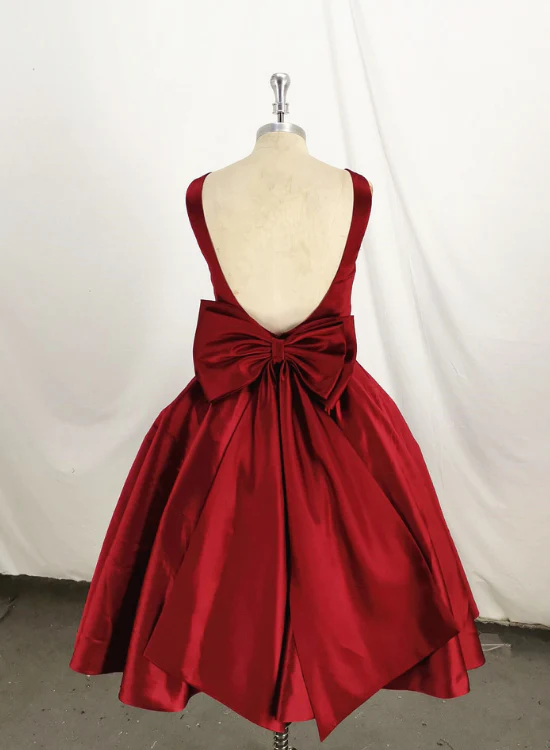 Dark Red Satin Backless Vintage Style Party Dress With Bow, High Quality Handmade Dress  gh509