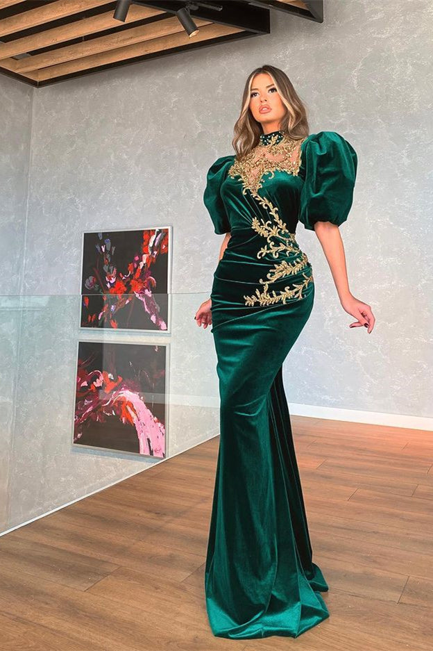 Dark Green Bubble Sleeves Mermaid Prom Dress PD0476