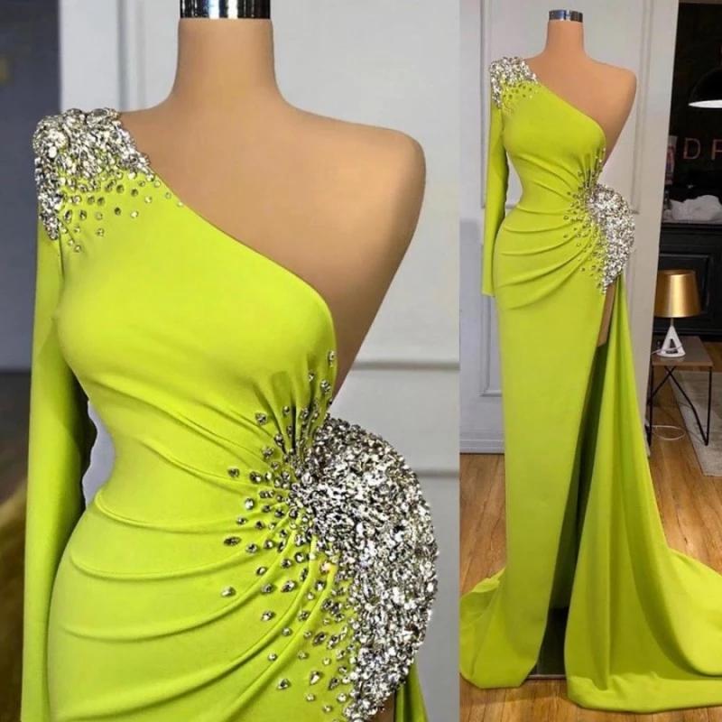 Yellow Green Long Sleeves Mermaid Long Prom Dress Split With Beads PD0674