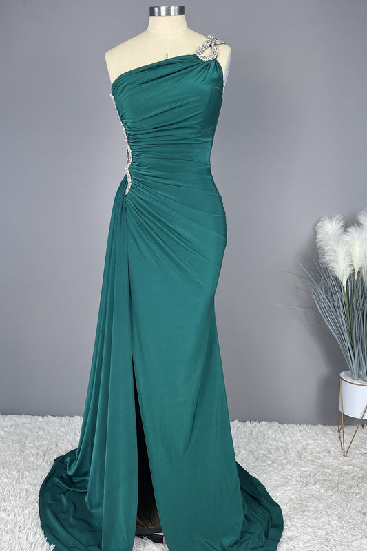 Okdais Prom Dress Long Emerald Green Sleeveless One Shoulder Appliques YL0298