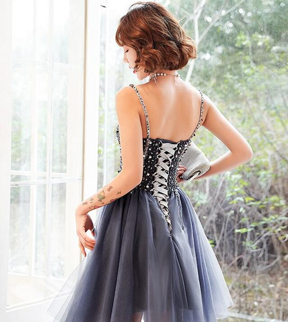 Chic Tulle Beaded Straps Knee Length Homecoming Dress Prom Dress, Short Formal Dress gh64