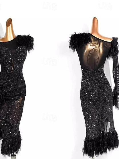 Latin Dance Ballroom Dance Dress Tassel Pure Color Splicing Women's Performance Training Long Sleeve