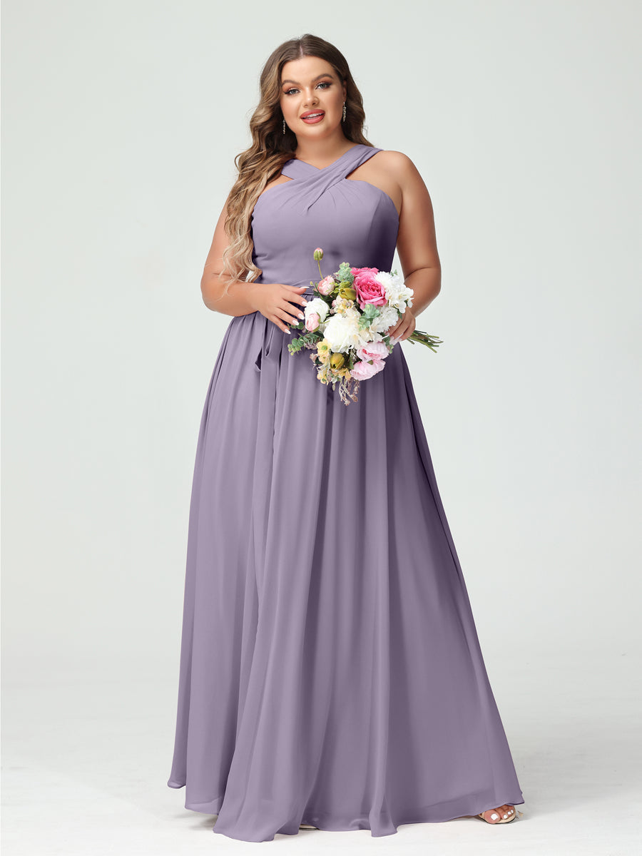 A-Line/Princess/Princess Criss Cross Sleeveless Chiffon Plus Size Bridesmaid Dresses with Sash