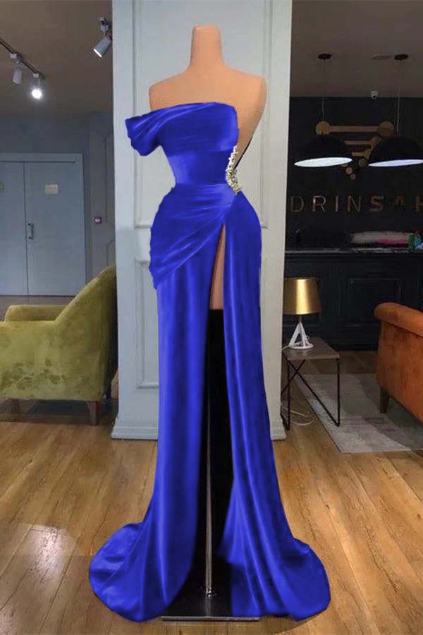 Dark Blue One Shoulder Mermaid Prom Dress Long Split With Beads PD0668