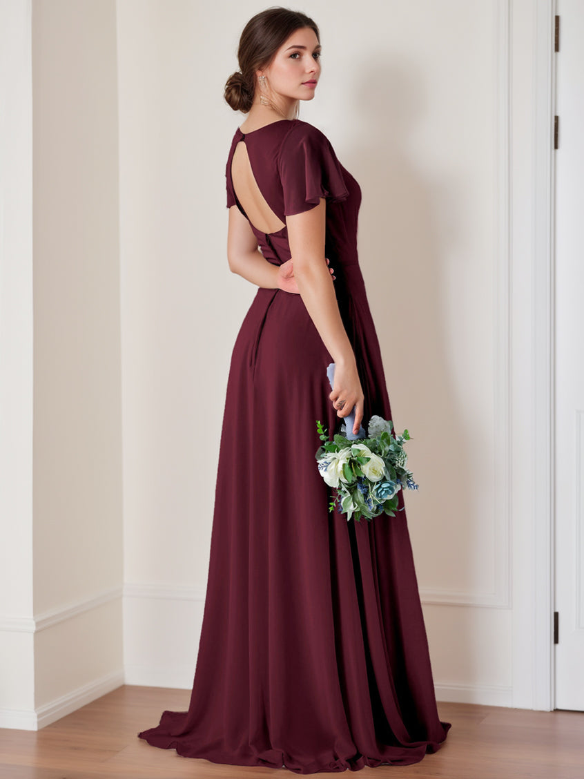 A-Line/Princess V-Neck Flutter Sleeves  Floor-Length Bridesmaid Dresses with Ruching