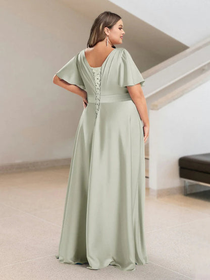 A-Line/Princess V-Neck Short Sleeves Silk Satin Plus Size Bridesmaid Dresses with Pockets