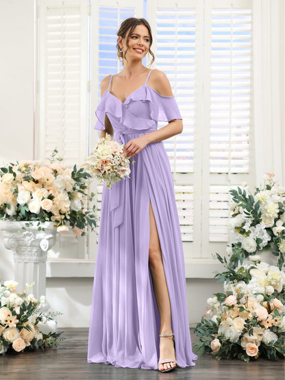 A-Line/Princess V-Neck Spaghetti Straps Floor-Length Bridesmaid Dresses with Pockets