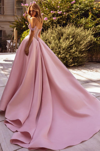 edgynewlook Amazing Pink Satin Off the Shoulder Strapless Long Split Prom Dress with Beadings