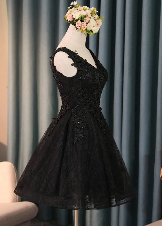 Lovely Black Lace V-neckline Short Homecoming Dress, Black Party Dress gh1761