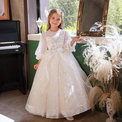 A-Line/Princess 3/4 Sleeves Lace Flower Girl Party Dress with Rhinestone Appliques