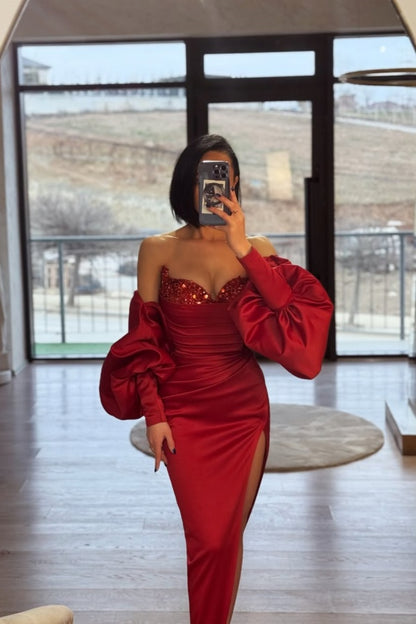 Red Split Sequins Strapless Prom Dress With Puff Sleeves ZT0623